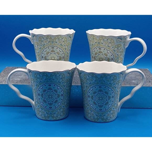 222 Fifth Lyria Teal Paisley Medallion Coffee Mugs Set Of 4 Porcelain Scalloped - Picture 4 of 14